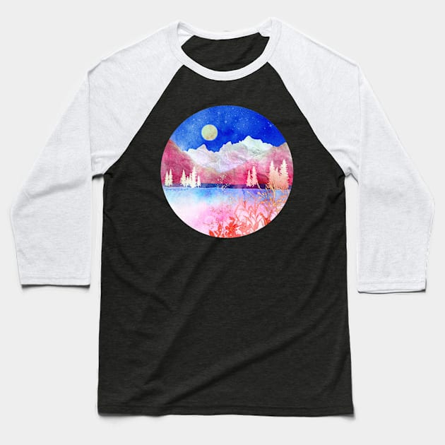 Pink Mountain Lake Negative Watercolor Painting Baseball T-Shirt by venglehart